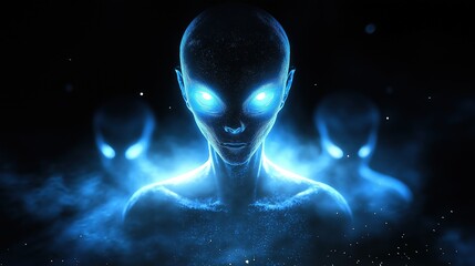 Illustration of glowing blue alien faces with bright eyes in a dark, mysterious atmosphere