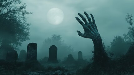 A zombie hand is reaching out in the dark, with a full moon in the background