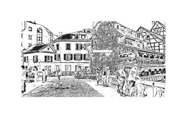 Building view with landmark of Strasbourg is the city in France. Hand drawn sketch illustration in vector.