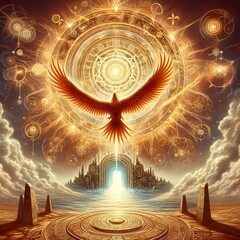 Wall Mural - mixed image with sacred symbols and an energetic portal that emerges from the ground, while a phoenix flies through the sky, Created with generative AI tools