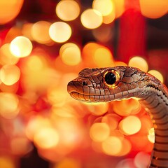 A striking snake portrait set against a vibrant backdrop of glowing bokeh lights, showcasing intricate scales and deep gaze.