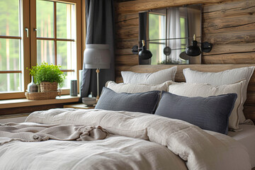 Wall Mural - Bedroom with a wooden headboard and a window. The bed is made with white sheets and pillows