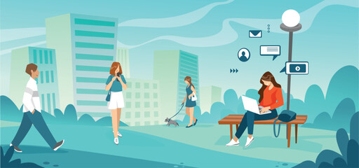 Poster - City people. Park landscape. Girl with laptop. Woman social lifestyle. Walking man. Town buildings. Digital communication technology. Person calling smartphone. Vector flat background
