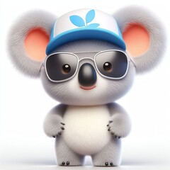 Wall Mural - a cute 3d fluffy Koala teddy bear character with cool hat, white background