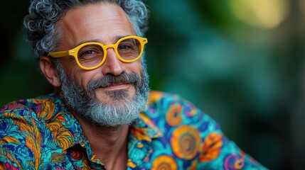 An elderly man with salt-and-pepper hair and beard, wearing striking yellow glasses and a colorful patterned shirt, smiles gently against a vibrant natural backdrop.