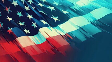 Patriotic American Flag Poster with Layered Effect on Gradient Blue and Red Background