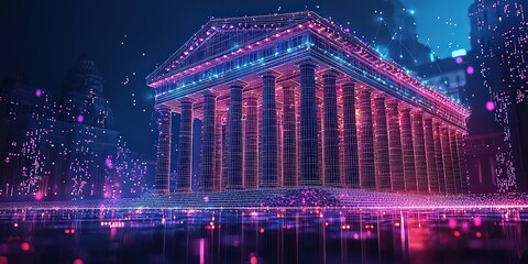 Wall Mural - Futuristic bank building made of glowing data points and digital lines