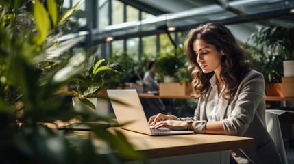 Woman working on laptop in green office