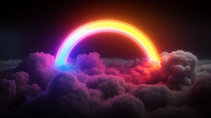 Wall Mural - vibrant neon rainbow arcing through dark clouds, creating a surreal and dreamy atmosphere