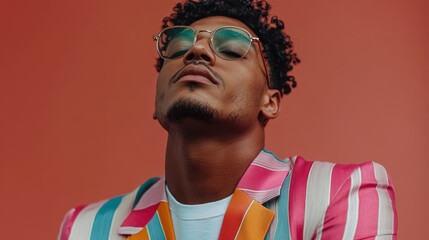 A man dressed in a colorful, striped suit poses confidently against an orange background, embodying bold fashion choices and a sense of contemporary artistic style.