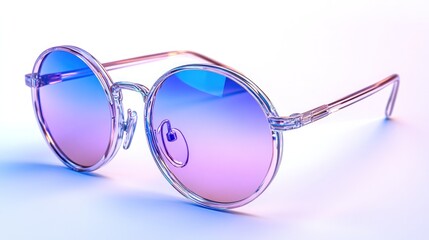 Wall Mural - A pair of round, clear-framed sunglasses with a pink and blue gradient lens, shot against a white background.