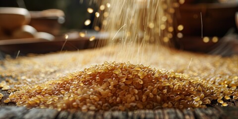 A close-up image of grains being gently poured onto a rustic wooden table, showcasing the golden texture and natural beauty in a serene, earthy environment