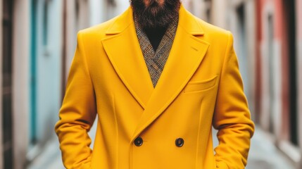 A man sporting a yellow coat paired with a checked vest stands confidently in a narrow alley, reflecting urban fashion and modern individuality against a cityscape backdrop.