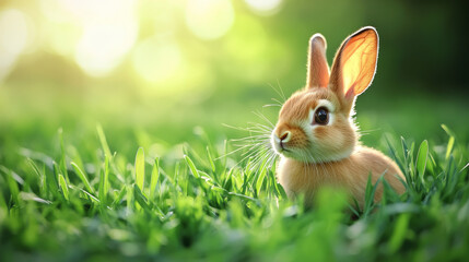 Easter is coming! Small cute bunny/hare/rabbit in green young spring grass, symbol of Easter and spring - new life 