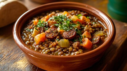 A dish of lentejas con chorizo, lentil stew with chorizo and vegetables, served in a deep ceramic bowl