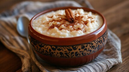 Wall Mural - A serving of arroz con leche, Spanish rice pudding, garnished with cinnamon and served in a vintage ceramic bowl