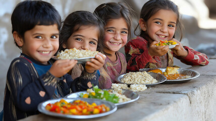 Photograph of children from different backgrounds happily enjoying nutritious meals at school or home, highlighting the significance of providing healthy food to the next generation