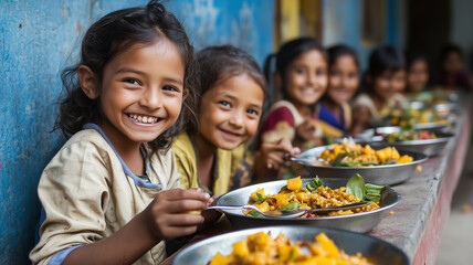 Photograph children from different backgrounds happily enjoying nutritious meals at school or home, highlighting the significance of providing healthy food to the next generation