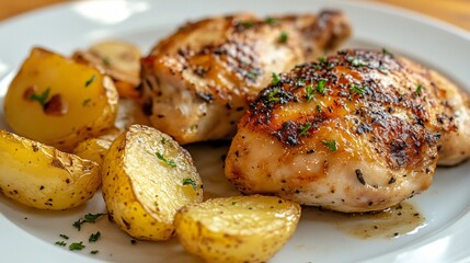 Wall Mural - A serving of pollo al ajillo, garlic chicken with a golden-brown crust, served with a side of roasted potatoes