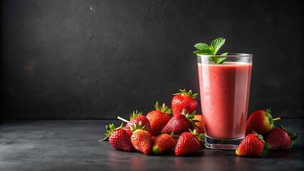 Wall Mural - Appetizing strawberry smoothie on black background Minimalist