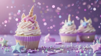 Wall Mural - A unicorn cupcake with sprinkles on top sits on a purple background