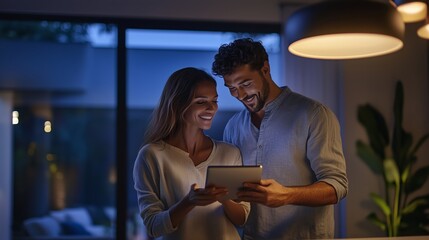 Wall Mural - Couple sharing a joyful moment while looking at a tablet together in a cozy living space during the evening