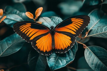 Canvas Print - Orange and Black Butterfly Resting on a Leaf