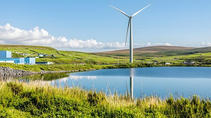 A wind turbine reflecting in a calm lake, creating a peaceful and serene image. Copy space. 