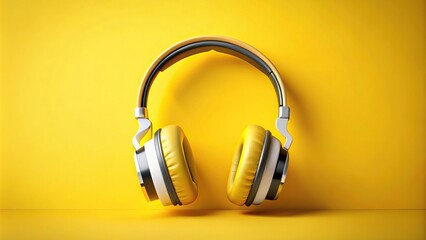 Wall Mural - Big classic yellow headphones with white and black colors on a yellow background, isolated long shot