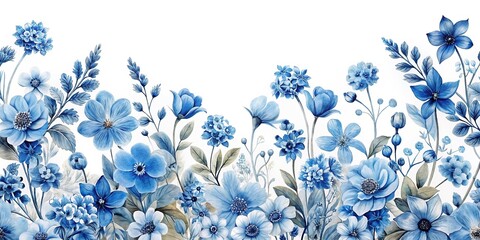 Wall Mural - Blue flowers on white background in toile style Panoramic