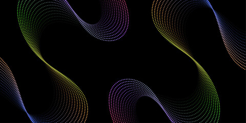 Wall Mural - Abstract background with dots and waves. Medium banner size. Element for design. Vector background for brochure, booklet, flyer, poster. Colorful and black gradient. Dark, night