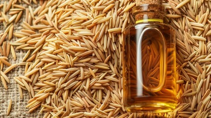 Golden rice bran oil bottle surrounded by grains