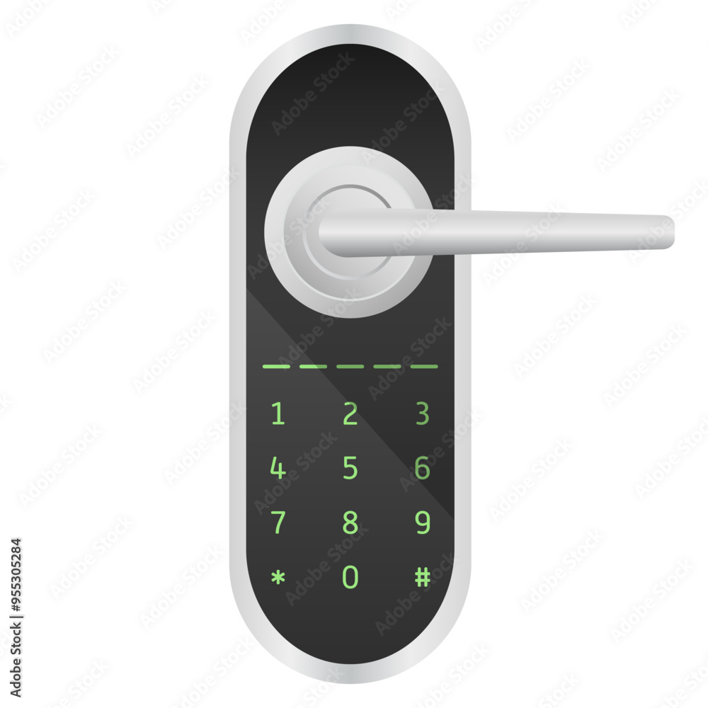 Door handle with number dialing. Metallic gradient, intercom, call, black glass, modern design, interior, decor item, furniture, lock, magnet, remote control, smart home app, security system, key card