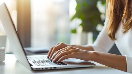 Wall Mural - Woman Using Laptop in Bright and Airy Office Space