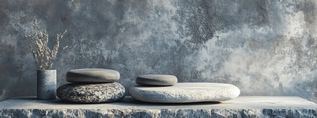 3D rendering of stone tops with a textured stone background