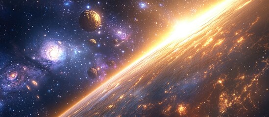 Wall Mural - space scene in a 3d cartoon rendering featuring a panorama of a star filled galaxy nebula and univer