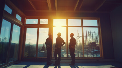 Wall Mural - A team of engineers conducting a thorough walkthrough of a newly constructed house to assess construction quality and safety standards. Ai generated