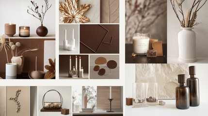 moodboard with a color palette of dark brown, white and light beige. The mood board is for a candle company.