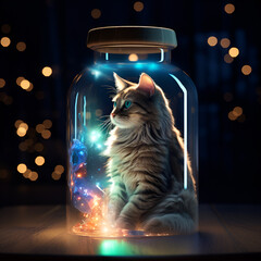 a cat in a bottle with a rainbow and stars, AI Generated