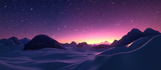 Poster - Night sky filled with stars with a sunrise on the horizon in a 3D cartoon rendering showcasing a stunning mountain top view