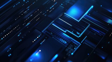 Leinwandbilder - Abstract dark blue futuristic background featuring ordered luminous rectangles and stripes in a 3D cartoon rendering
