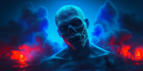 Zombie with a glowing skull, surrounded by smoke and fire in a blue light.