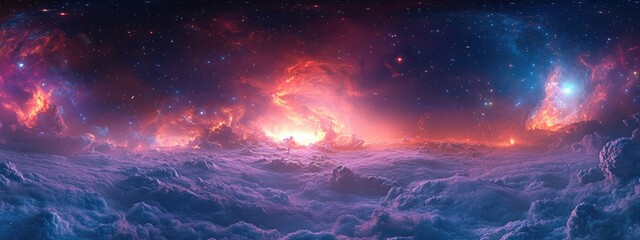 Leinwandbilder - 360 degree interstellar cloud of dust and gas in a 3D cartoon rendering Space background featuring a nebula and stars with a glowing nebula equirectangular projection and environment map HDRI sphe
