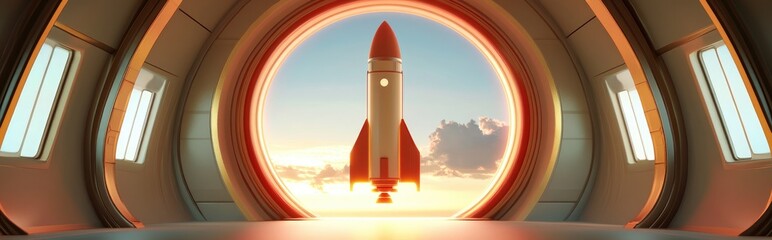 Aufkleber - A rocket in a round room rendered in 3D cartoon style with digital computer artistry