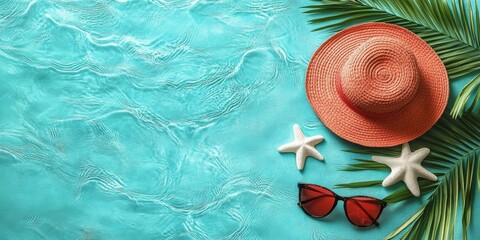 A vibrant summer holiday scene featuring a coral-red sun hat, stylish sunglasses, starfish, and tropical palm leaves by a tranquil blue pool