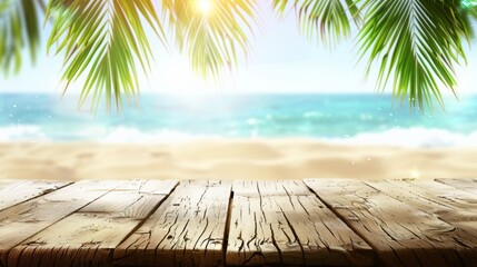 Wall Mural - Tropical beach view with wooden planks and palm leaves