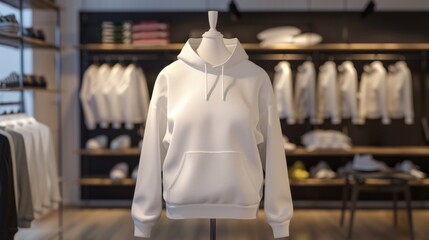 mockup of a white sweatshirt hanging on a mannequin in a clothing store