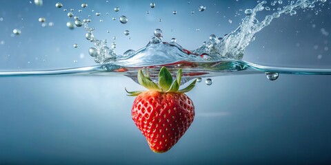 Wall Mural - Close-up of single strawberry dropped into crystal clear water with stream of bubbles