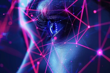 Futuristic cybernetic eye with neon network connections