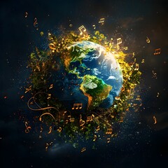 harmonious planetary explosion a vibrant depiction of earth encapsulated by swirling musical notes